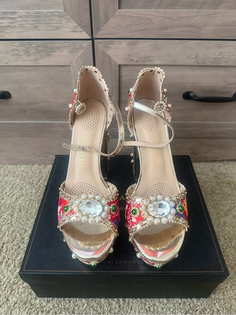 Embellished Red Jeweled Platform Heels